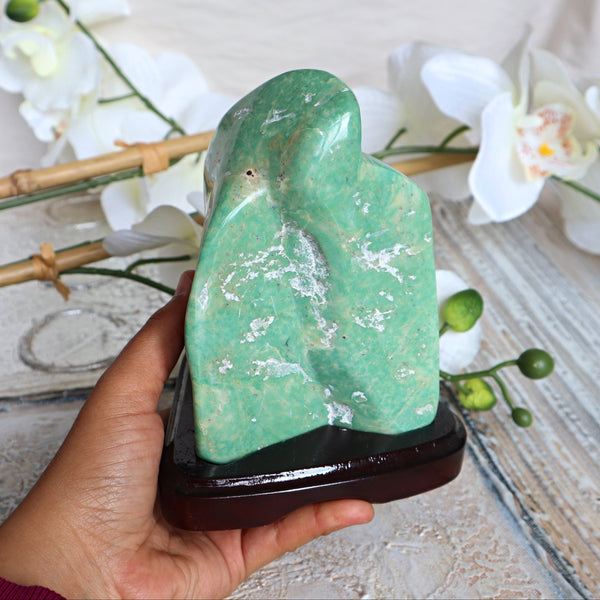 Large Nephrite Jade Stone free form on wooden stand for Abundance Lucky Stone