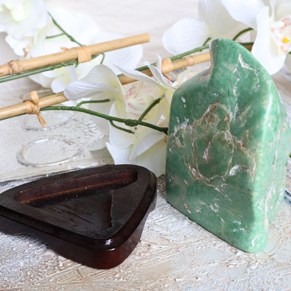 Large Nephrite Jade Stone free form on wooden stand for Abundance Lucky Stone