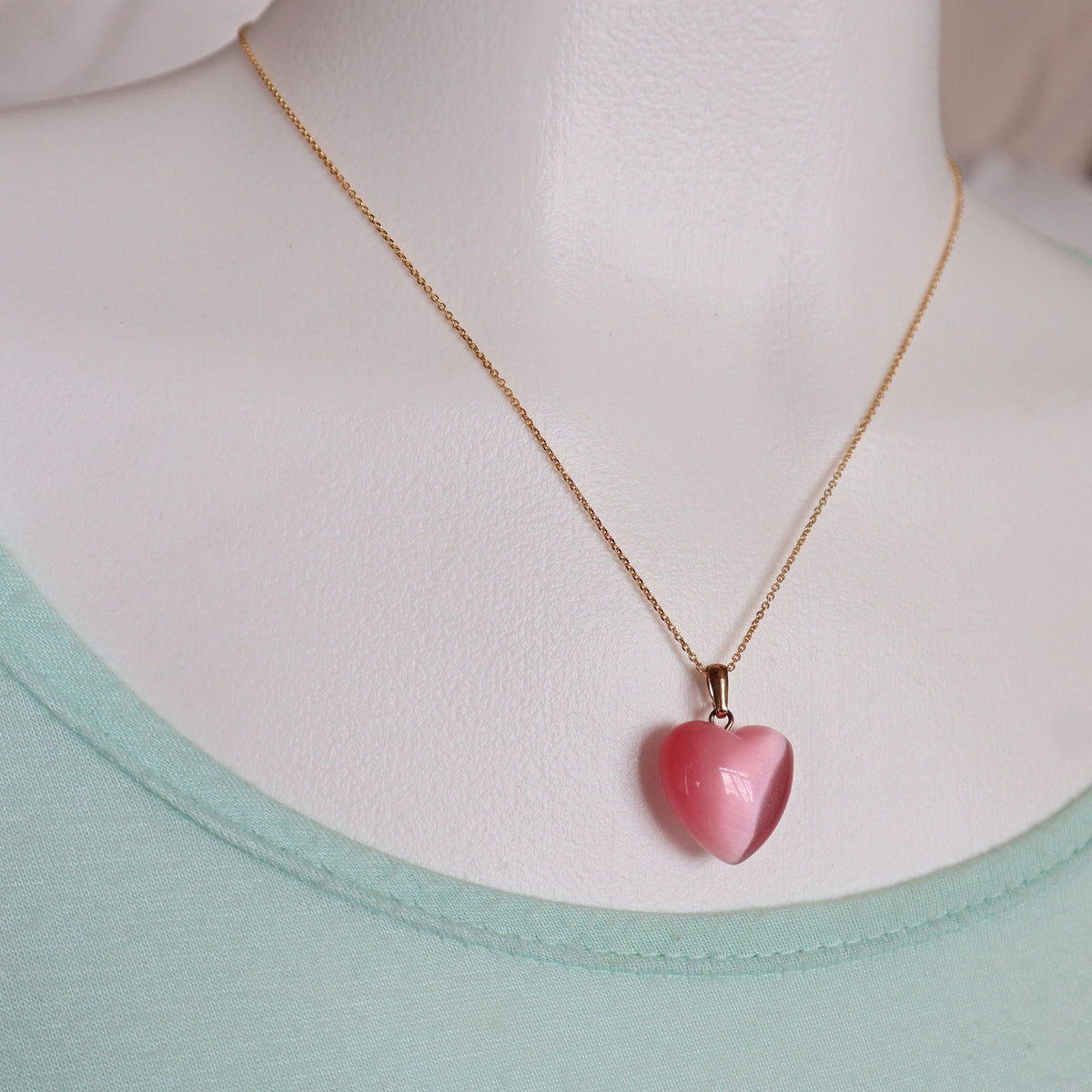 Pink Cats Eye Heart Pendant Necklace gold plated sterling silver