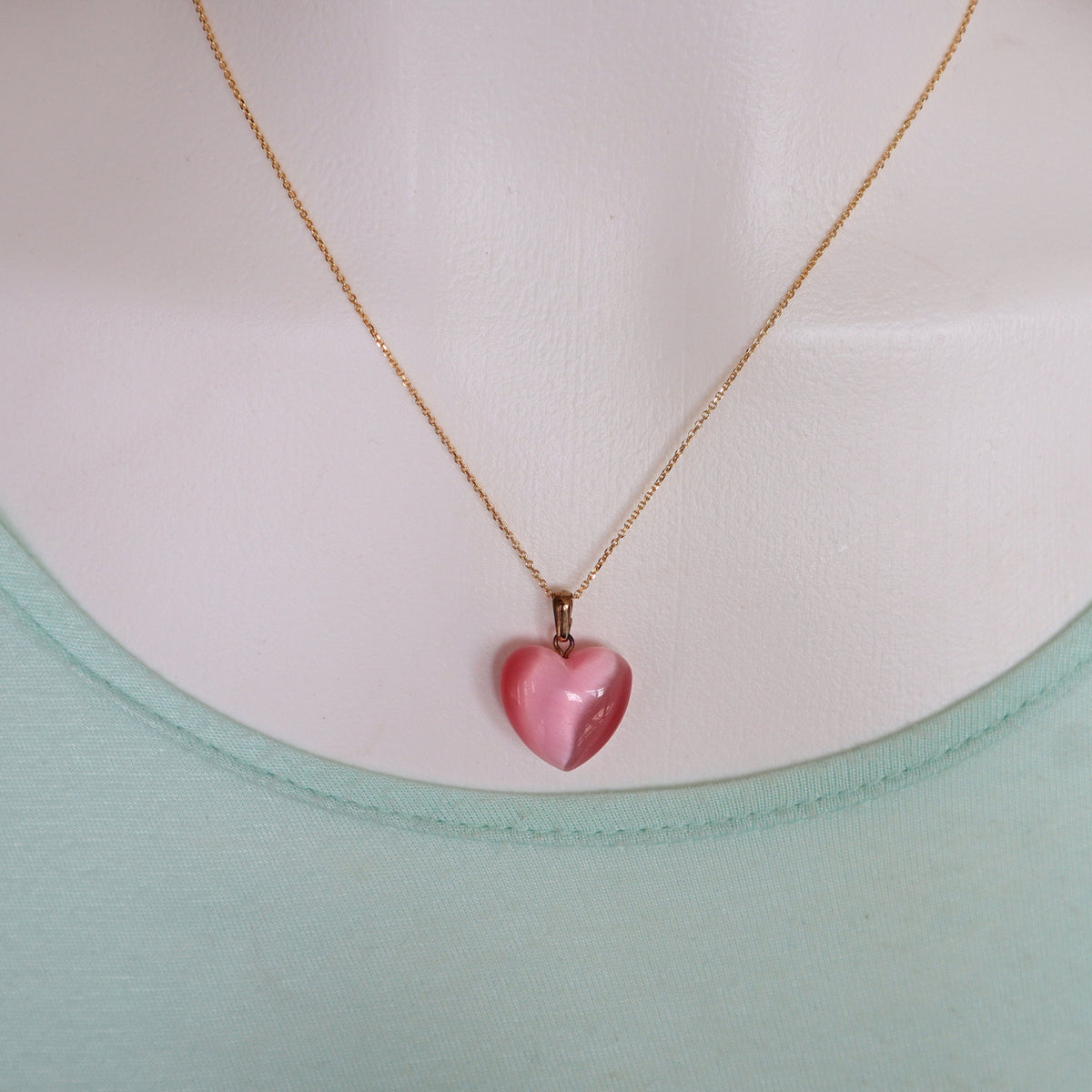 Pink Cats Eye Heart Pendant Necklace gold plated sterling silver