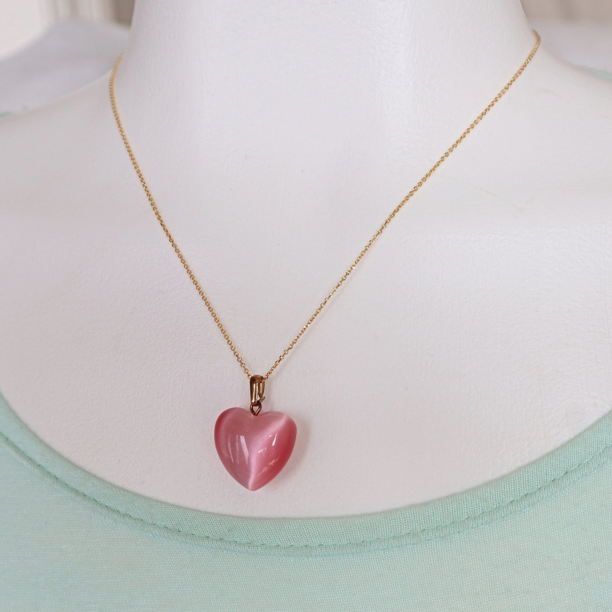 Pink Cats Eye Heart Pendant Necklace gold plated sterling silver