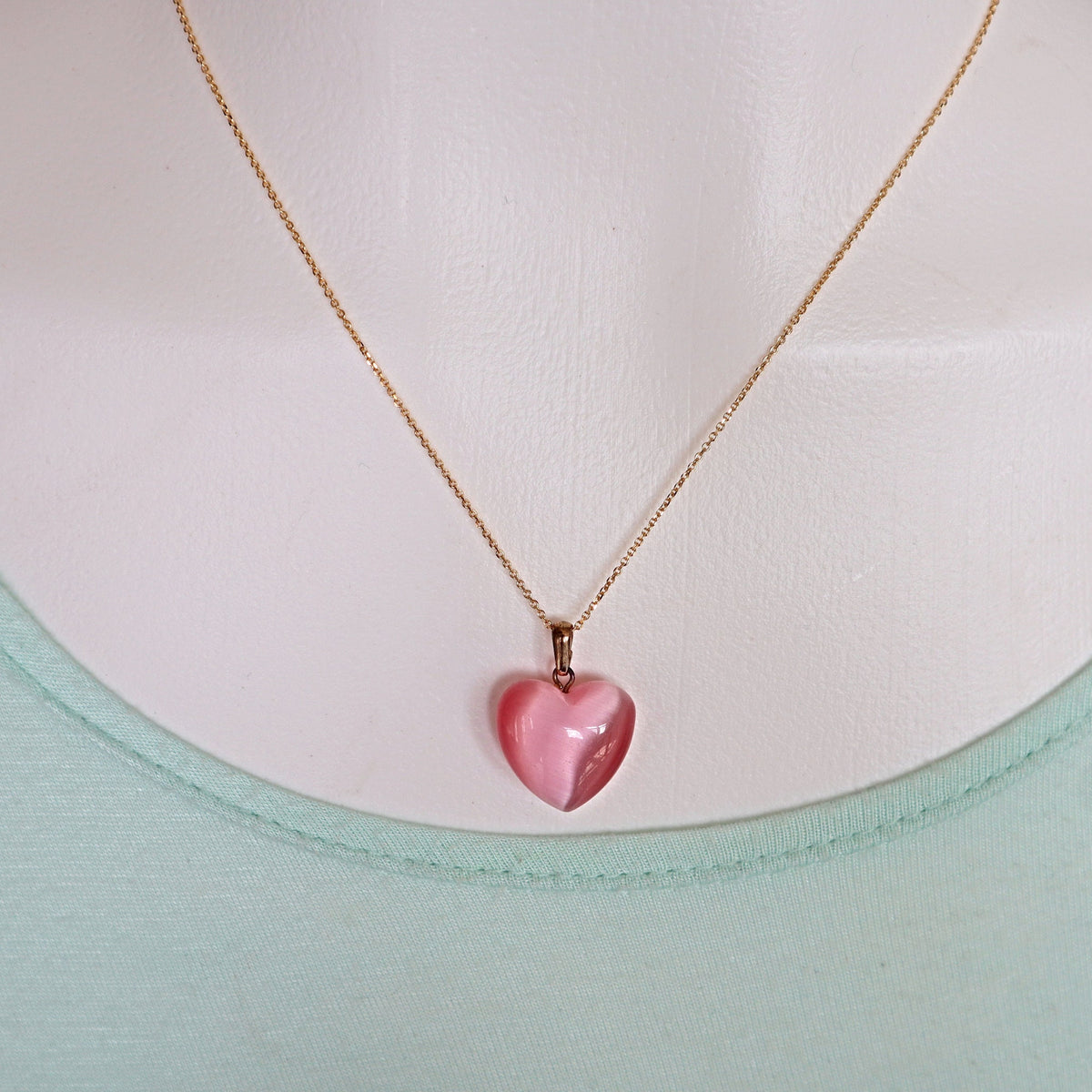 Pink Cats Eye Heart Pendant Necklace gold plated sterling silver