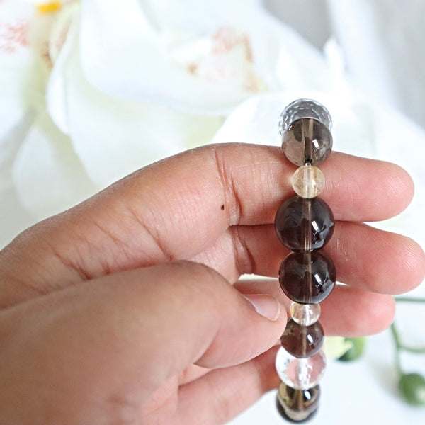 Smoky Quartz Bracelet with Micro-Faceted Clear Quartz Crystal in Super High Grade