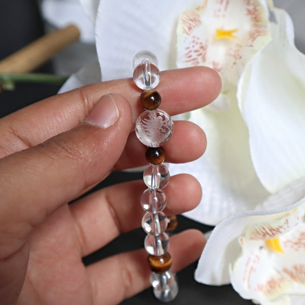 Hand Carved Dragon Bracelet Crystal Quartz with Tiger Eye, Year of Dragon Gift