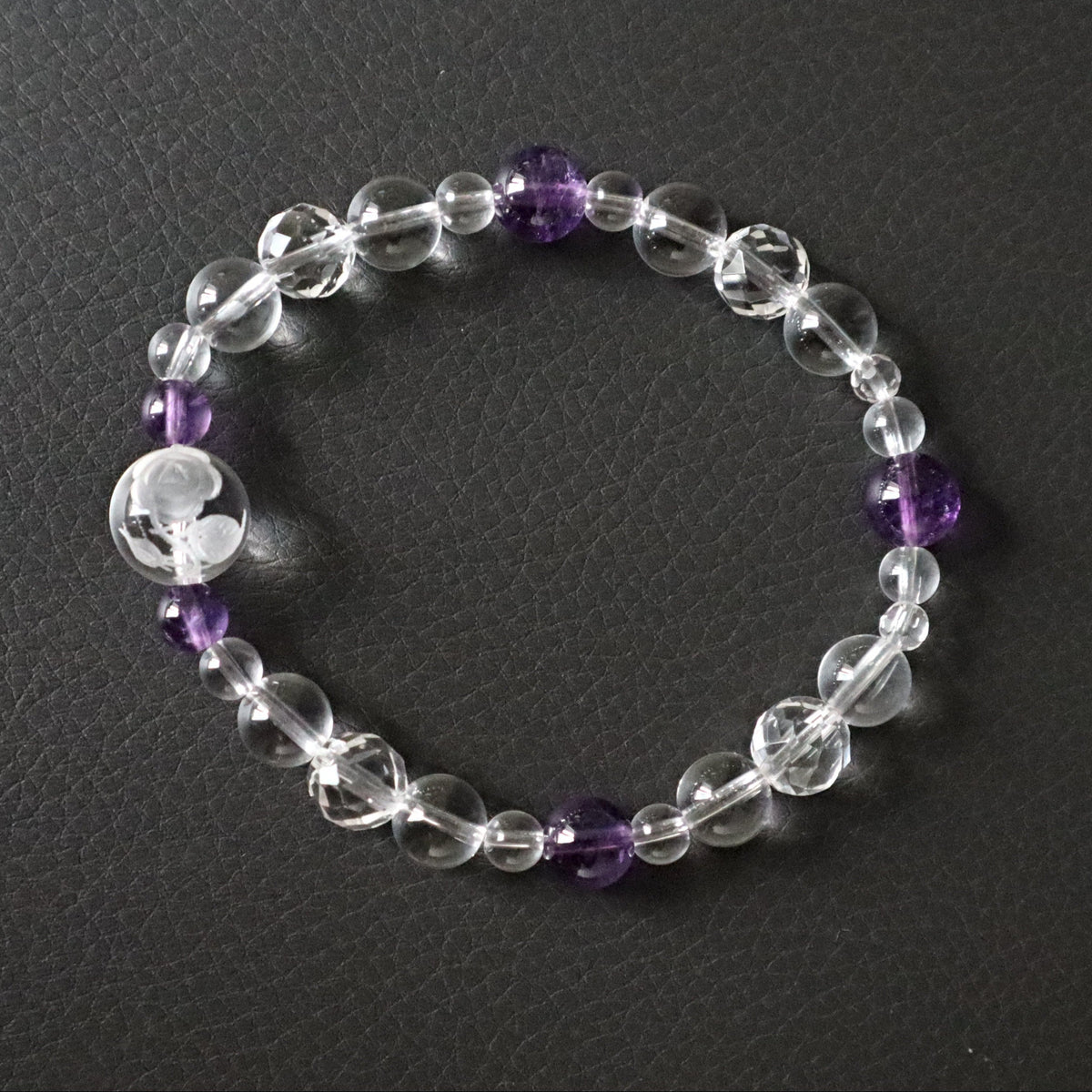 Crystal Rose Flower Bracelet, Hand Carved Crystal Rose Bracelet with Amethyst