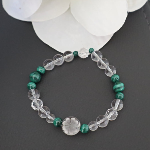 Crystal Clover Bracelet, Hand Carved Four Leaf Clover Crystal Quartz with Malachite Bracelet