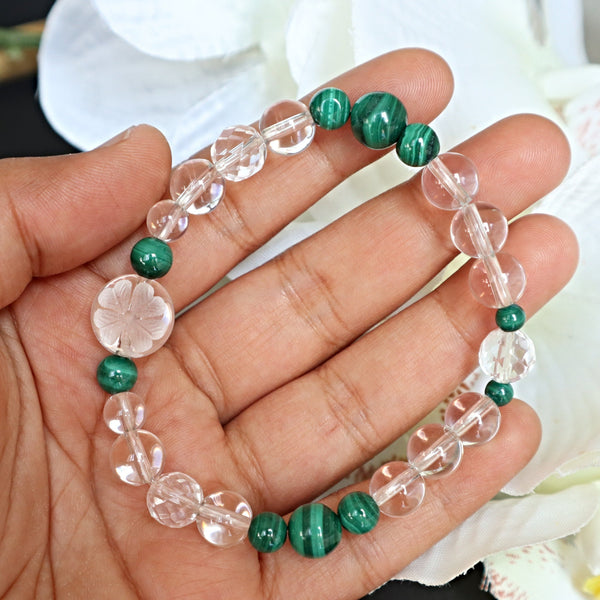 Crystal Clover Bracelet, Hand Carved Four Leaf Clover Crystal Quartz with Malachite Bracelet