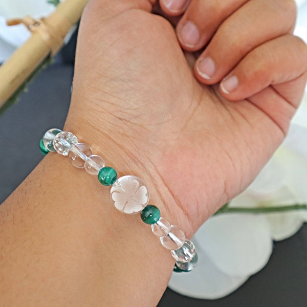 Crystal Clover Bracelet, Hand Carved Four Leaf Clover Crystal Quartz with Malachite Bracelet