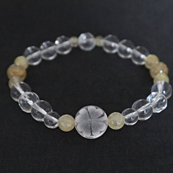 Four leaf clover Bracelet, AAA Natural Crystal Quartz Hand Carved Lucky Four Leaf Clover Bracelet with AAA Rutilated Quartz