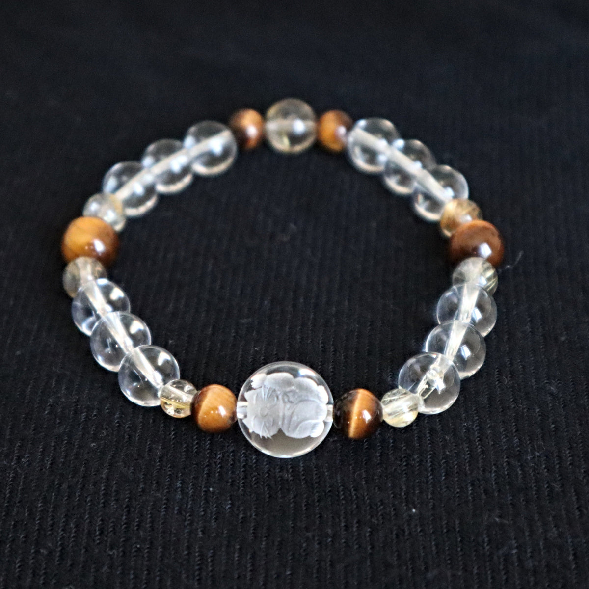 Crystal Lucky Cat Bracelet, Hand Carved Crystal Quartz Lucky Cat Bracelet with Tiger Eye