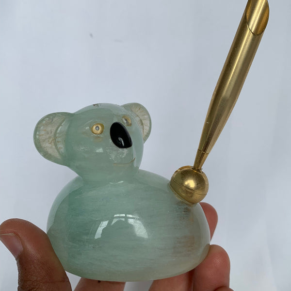Fluorite Koala Bear Pen holder, Green Fluorite Figurine Carving