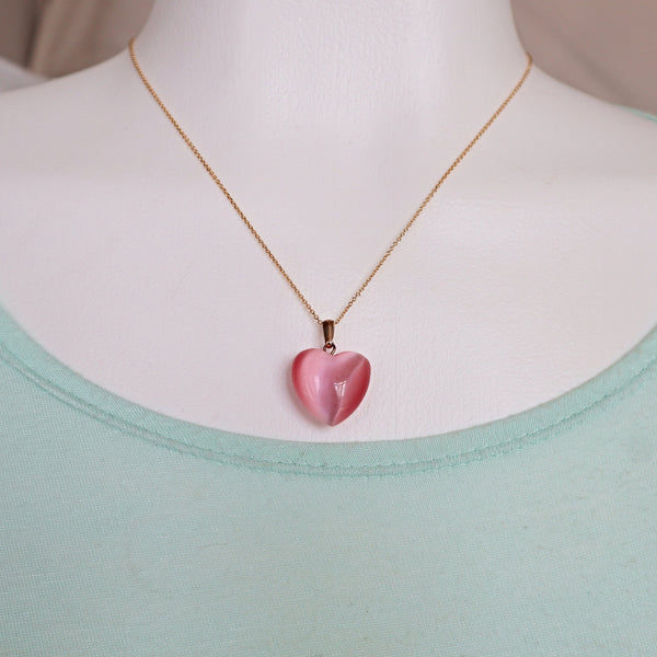 Pink Cats Eye Heart Pendant Necklace gold plated sterling silver