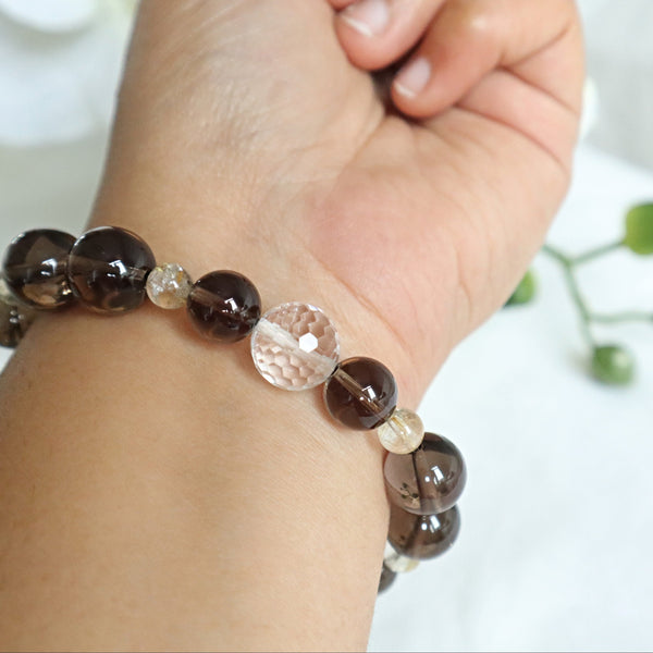 Smoky Quartz Bracelet with Micro-Faceted Clear Quartz Crystal in Super High Grade