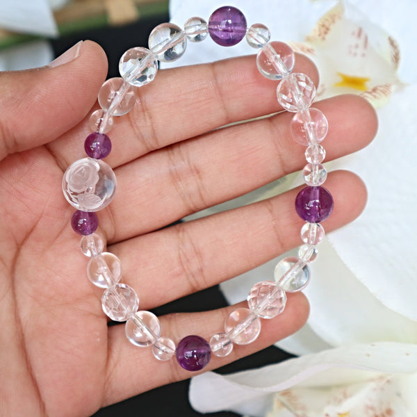 Crystal Rose Flower Bracelet, Hand Carved Crystal Rose Bracelet with Amethyst