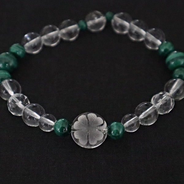 Crystal Clover Bracelet, Hand Carved Four Leaf Clover Crystal Quartz with Malachite Bracelet