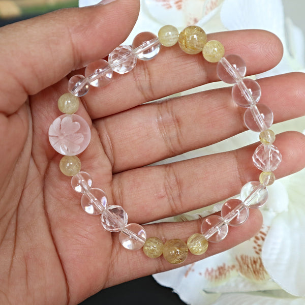Four leaf clover Bracelet, AAA Natural Crystal Quartz Hand Carved Lucky Four Leaf Clover Bracelet with AAA Rutilated Quartz