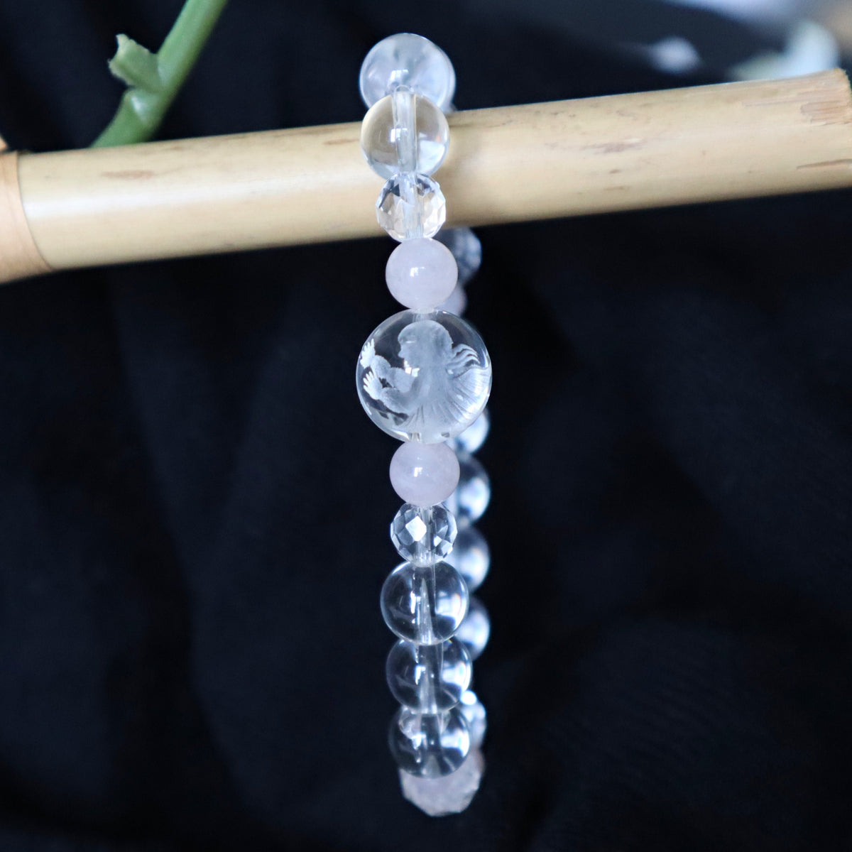 Crystal Angel Bracelet Hand Carved Natural Quartz with Rose Quartz Stone of Love