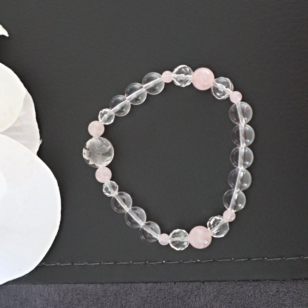 Crystal Angel Bracelet Hand Carved Natural Quartz with Rose Quartz Stone of Love