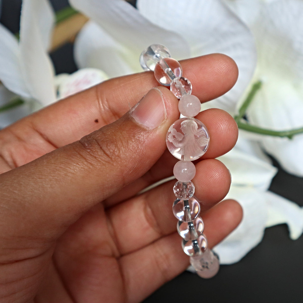 Crystal Angel Bracelet Hand Carved Natural Quartz with Rose Quartz Stone of Love