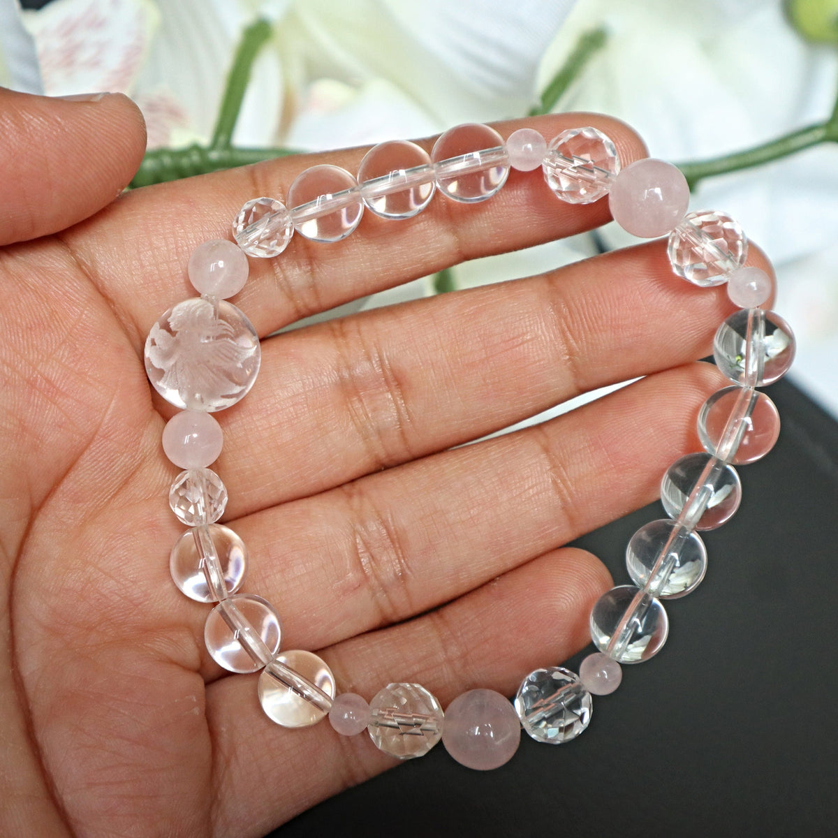 Crystal Angel Bracelet Hand Carved Natural Quartz with Rose Quartz Stone of Love