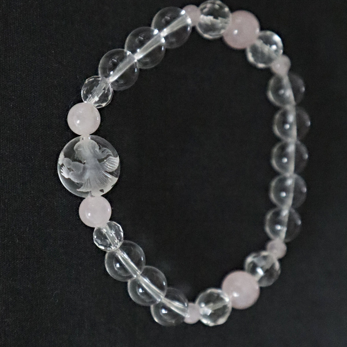 Crystal Angel Bracelet Hand Carved Natural Quartz with Rose Quartz Stone of Love