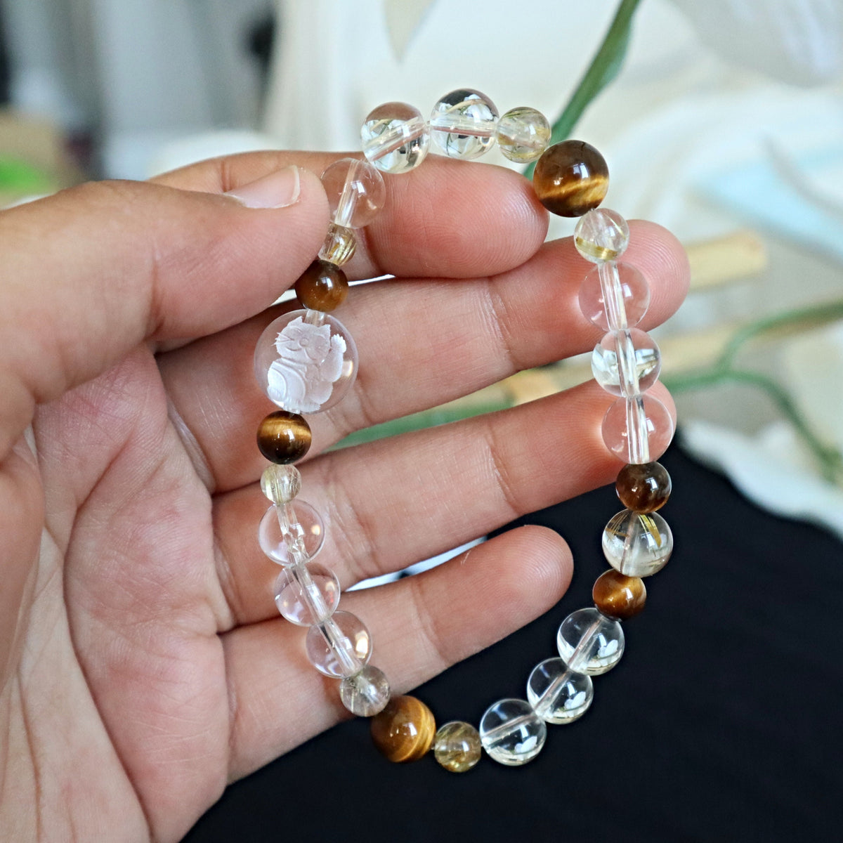 Crystal Lucky Cat Bracelet, Hand Carved Crystal Quartz Lucky Cat Bracelet with Tiger Eye