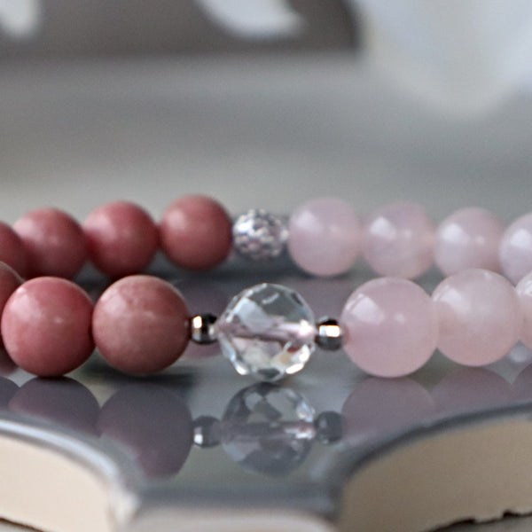 Rose Quartz and Rhodonite Beaded Bracelet, Self Care Crystal Gift Bracelet, Anxiety & Stress Relief Bracelet
