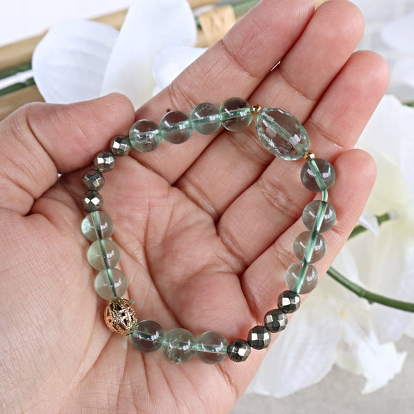 Green Fluorite and Pyrite Bracelet for Protection stress relief focus and wellbeing