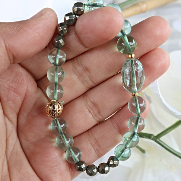 Green Fluorite and Pyrite Bracelet for Protection stress relief focus and wellbeing
