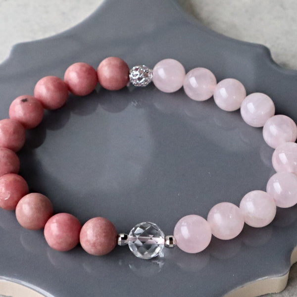 Rose Quartz and Rhodonite Beaded Bracelet, Self Care Crystal Gift Bracelet, Anxiety & Stress Relief Bracelet