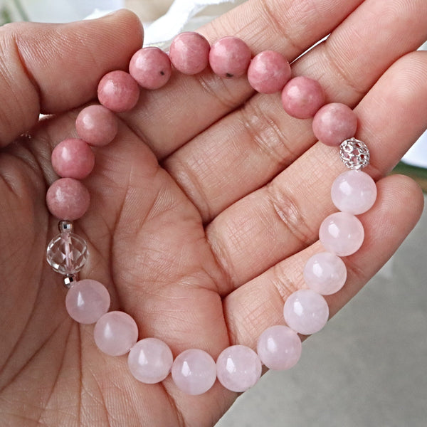 Rose Quartz and Rhodonite Beaded Bracelet, Self Care Crystal Gift Bracelet, Anxiety & Stress Relief Bracelet