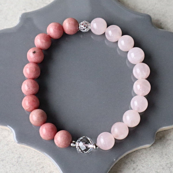 Rose Quartz and Rhodonite Beaded Bracelet, Self Care Crystal Gift Bracelet, Anxiety & Stress Relief Bracelet