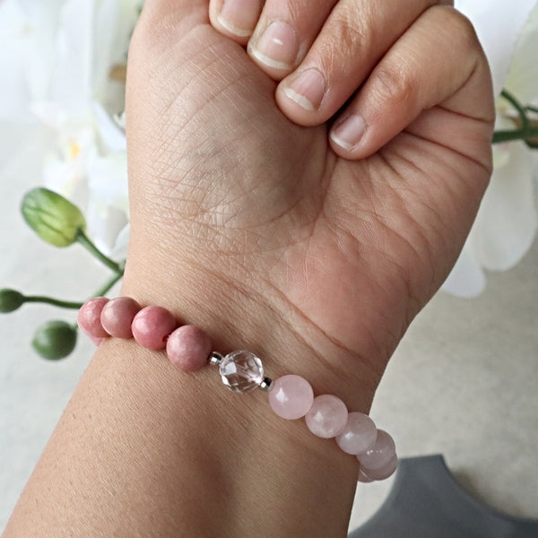 Rose Quartz and Rhodonite Beaded Bracelet, Self Care Crystal Gift Bracelet, Anxiety & Stress Relief Bracelet