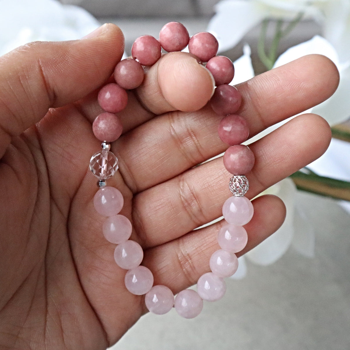 Rose Quartz and Rhodonite Beaded Bracelet, Self Care Crystal Gift Bracelet, Anxiety & Stress Relief Bracelet