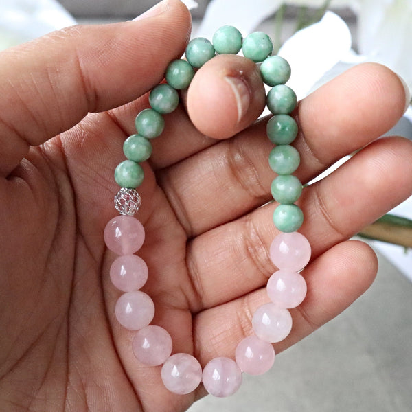 Rose Quartz and Jade Wealth Abundance Prosperity Money Bracelet, Jade Good Luck Bracelet Gift