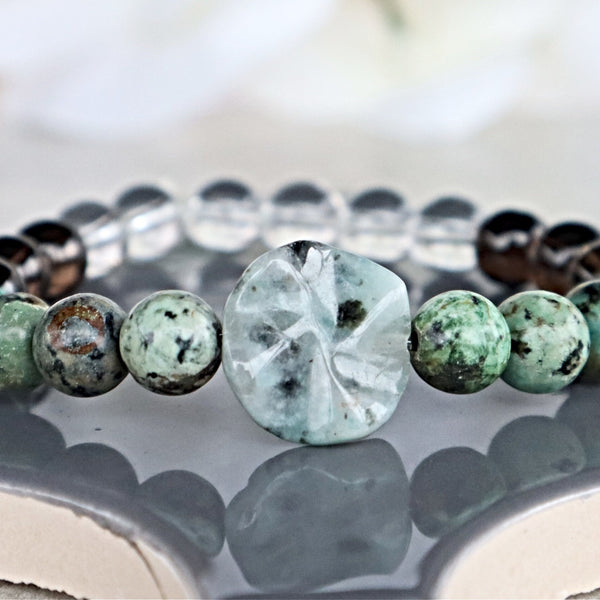 Manifestation Positive Energy Healing Bracelet, Kiwi Stone African Turquoise Smoky Quartz Crystal Quartz, Grounding, Protection