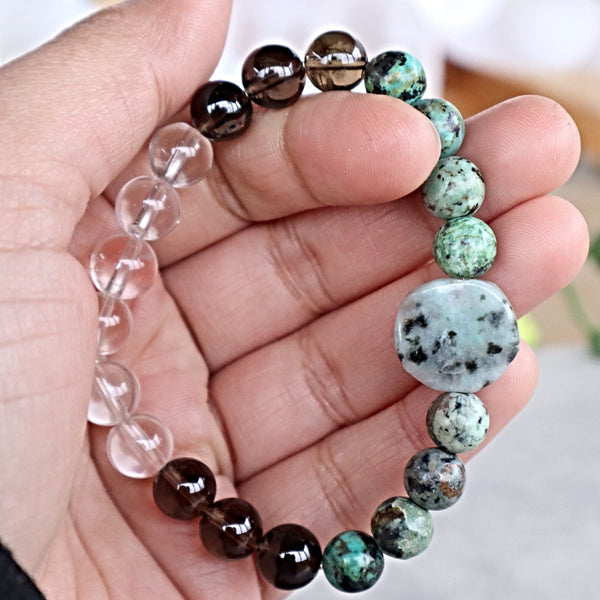 Manifestation Positive Energy Healing Bracelet, Kiwi Stone African Turquoise Smoky Quartz Crystal Quartz, Grounding, Protection