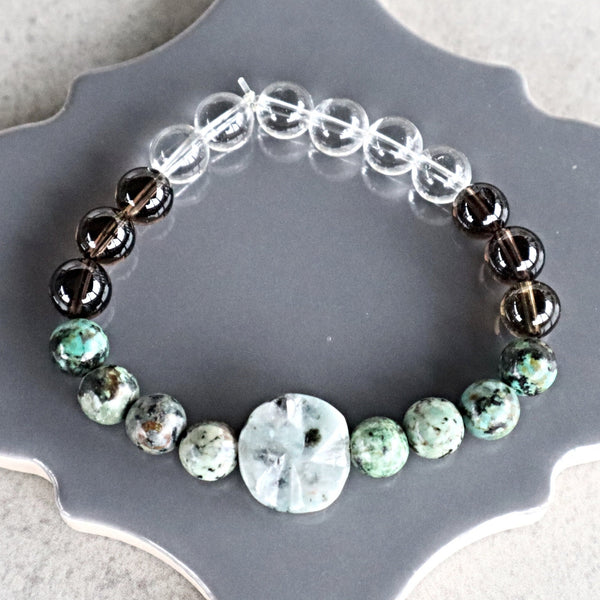 Manifestation Positive Energy Healing Bracelet, Kiwi Stone African Turquoise Smoky Quartz Crystal Quartz, Grounding, Protection