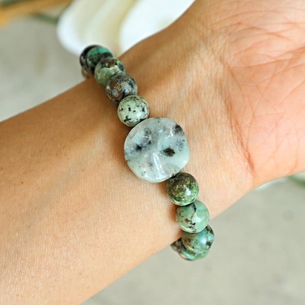 Manifestation Positive Energy Healing Bracelet, Kiwi Stone African Turquoise Smoky Quartz Crystal Quartz, Grounding, Protection