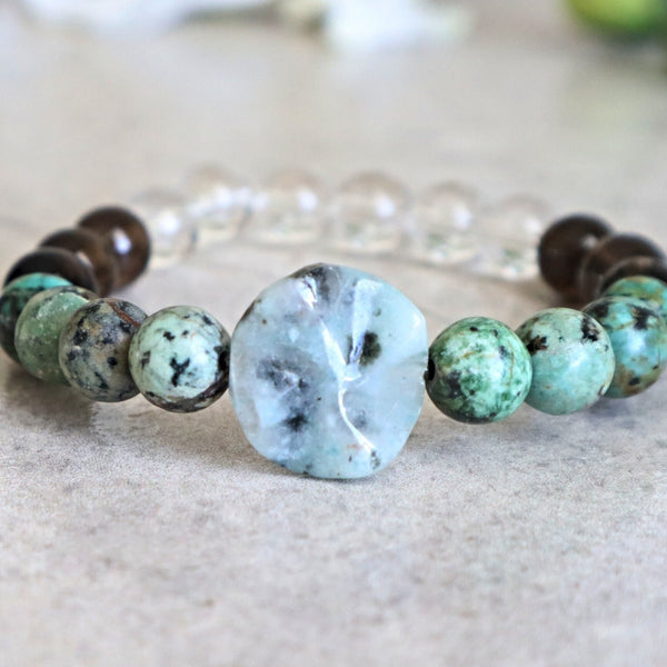 Manifestation Positive Energy Healing Bracelet, Kiwi Stone African Turquoise Smoky Quartz Crystal Quartz, Grounding, Protection