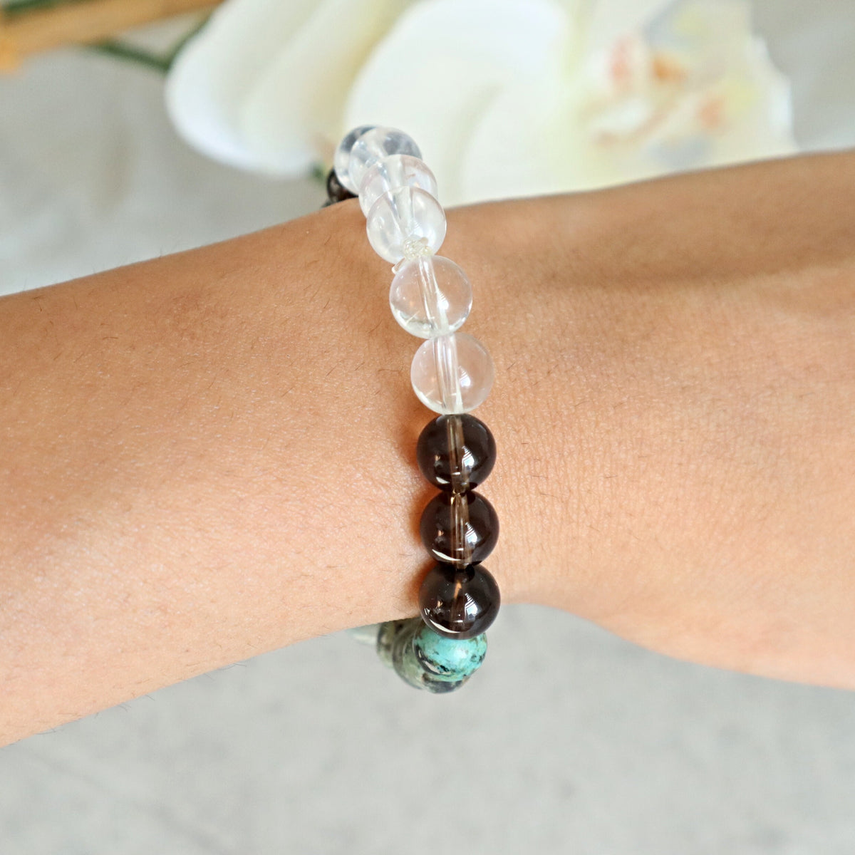 Manifestation Positive Energy Healing Bracelet, Kiwi Stone African Turquoise Smoky Quartz Crystal Quartz, Grounding, Protection
