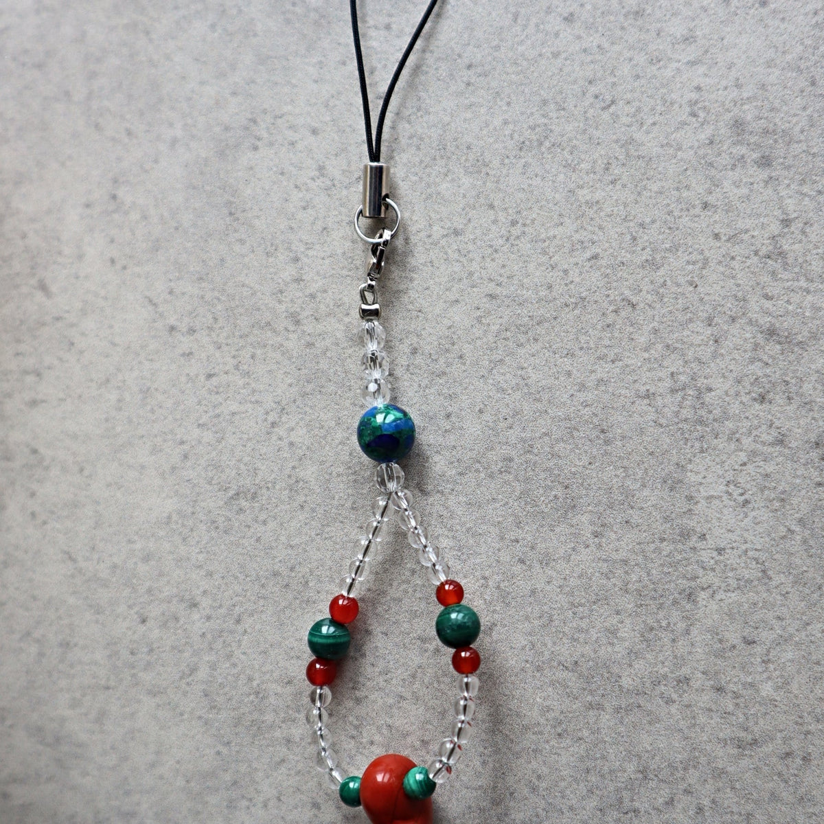 Red Jasper Magatama Phone and Car Charm with Green Malachite, Red Carnelian