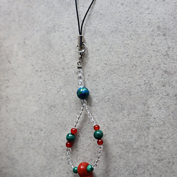 Red Jasper Magatama Phone and Car Charm with Green Malachite, Red Carnelian